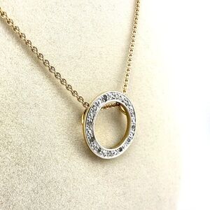 16” 925 Sterling Silver Gold Vermeil Diamond Chip Ring Pendant Gold Tone Chai